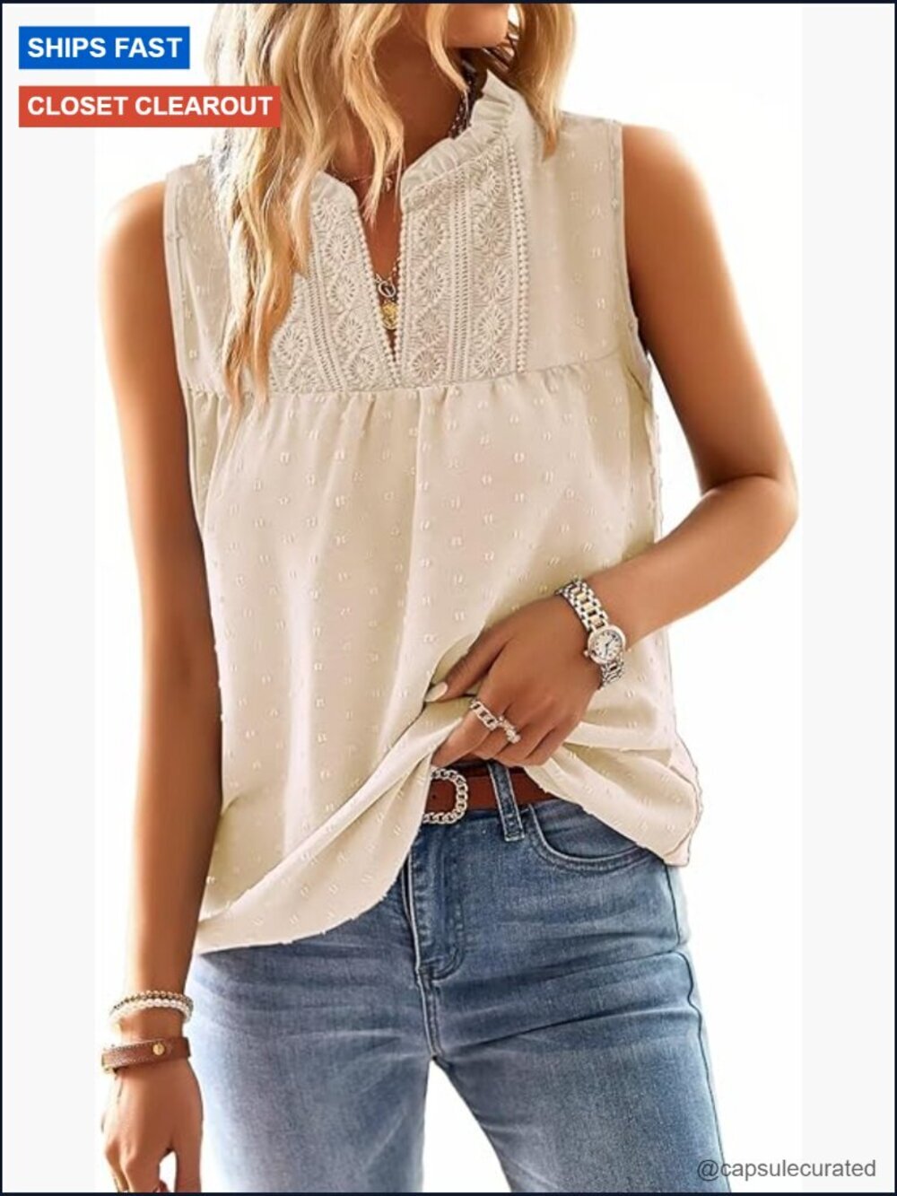 Swiss Dot Sleeveless V Neck Tank Top Flowy Ruffle Blouse Casual Boho